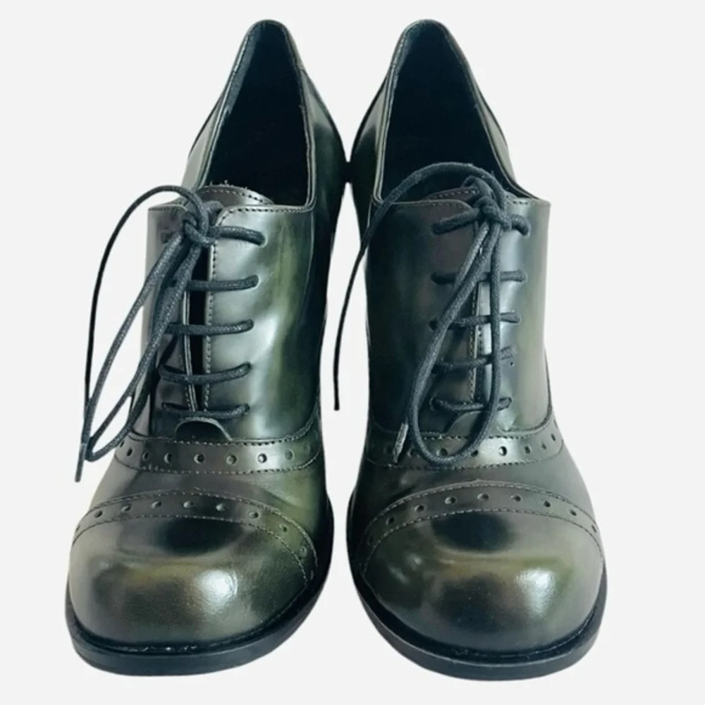 KAMMI Italy Chameleon Green Leather Lace-Up Heeled Ankle Booties Size 5.5
